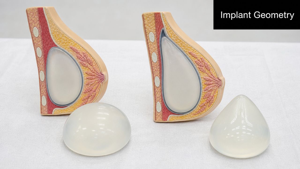 Models showing the cross-section and exterior shapes of round versus teardrop-shaped breast implants on a table.