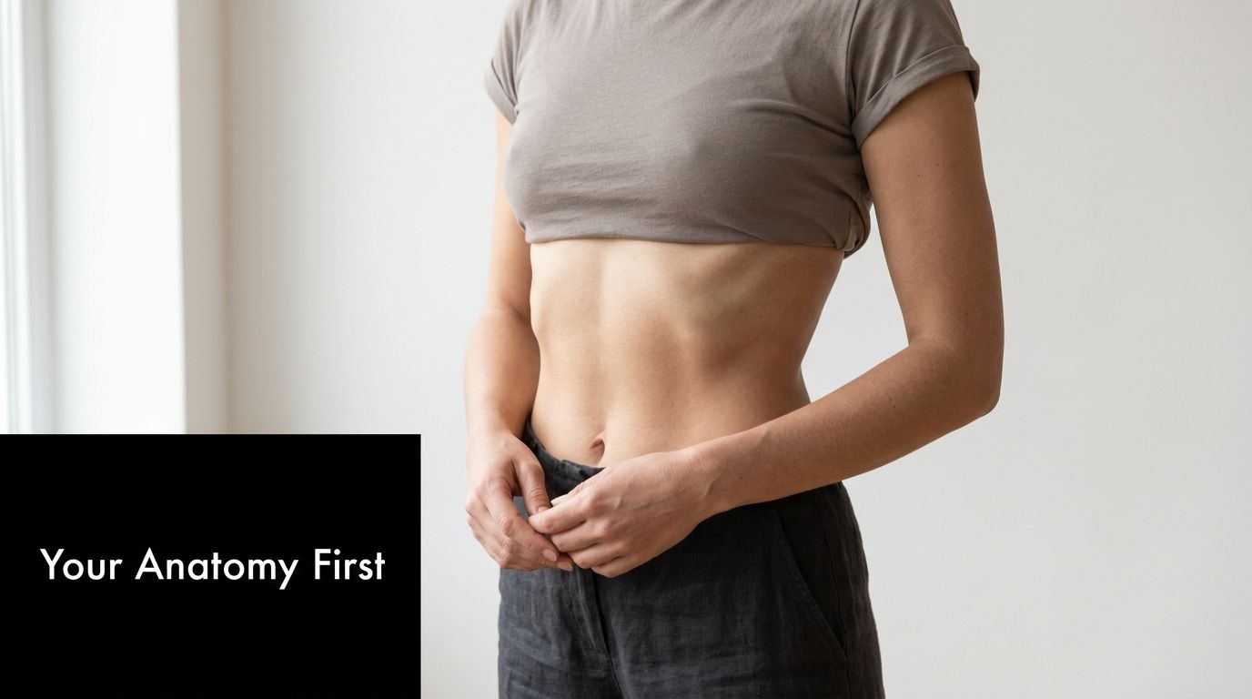 A person wearing a gray crop top and dark pants, showing their midsection from the side.