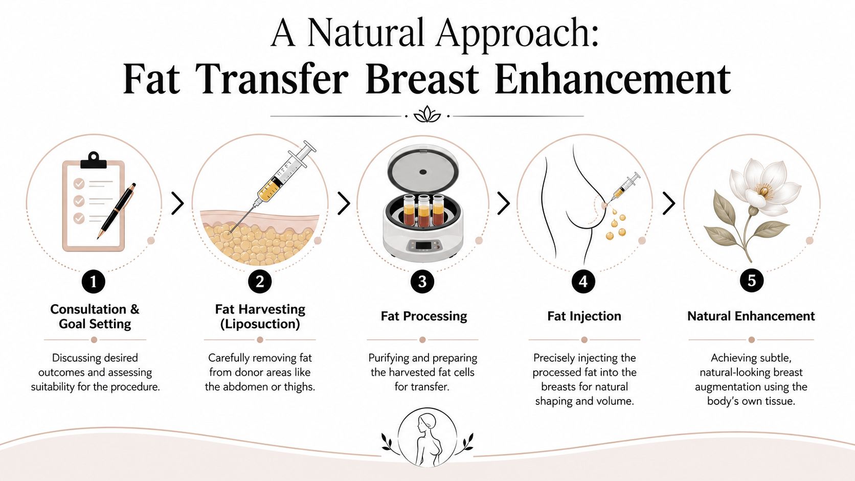 A five-step infographic showing the natural breast enhancement procedure using fat transfer, from consultation to results.