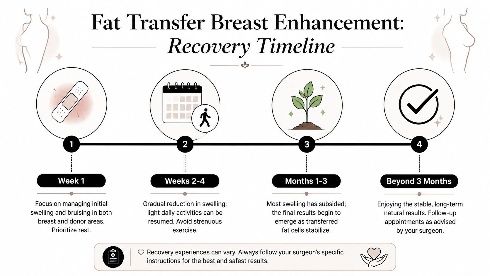 A recovery timeline infographic for fat transfer breast enhancement surgery, detailing the stages from week one onwards.