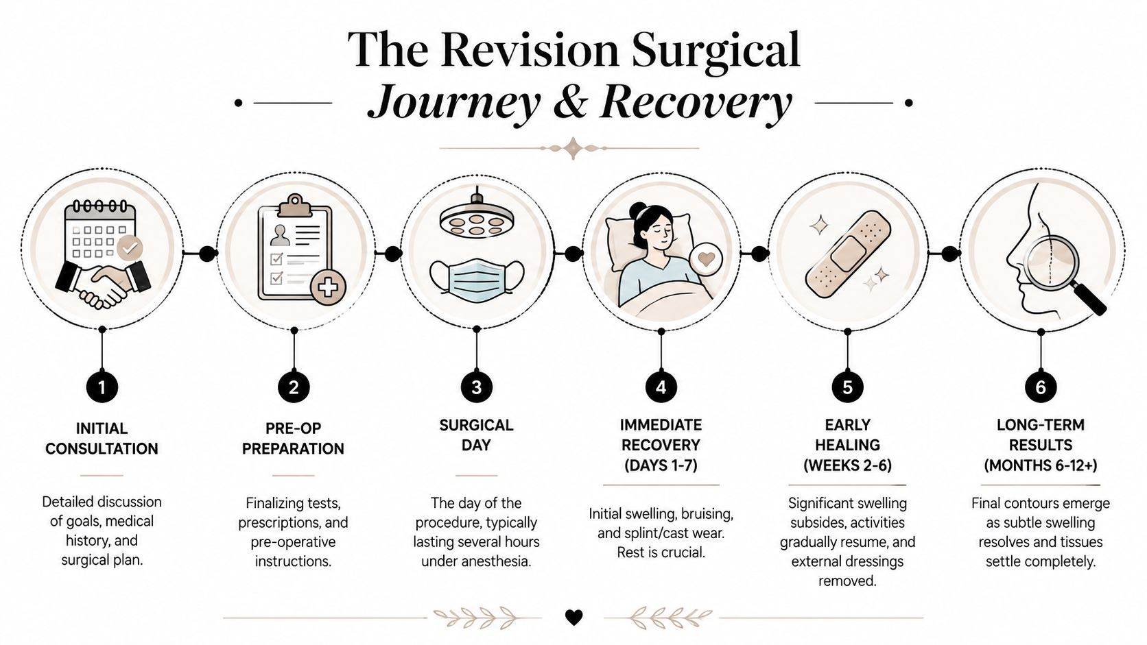 A six-step infographic illustrating the revision rhinoplasty surgical journey and recovery process from consultation to final results.