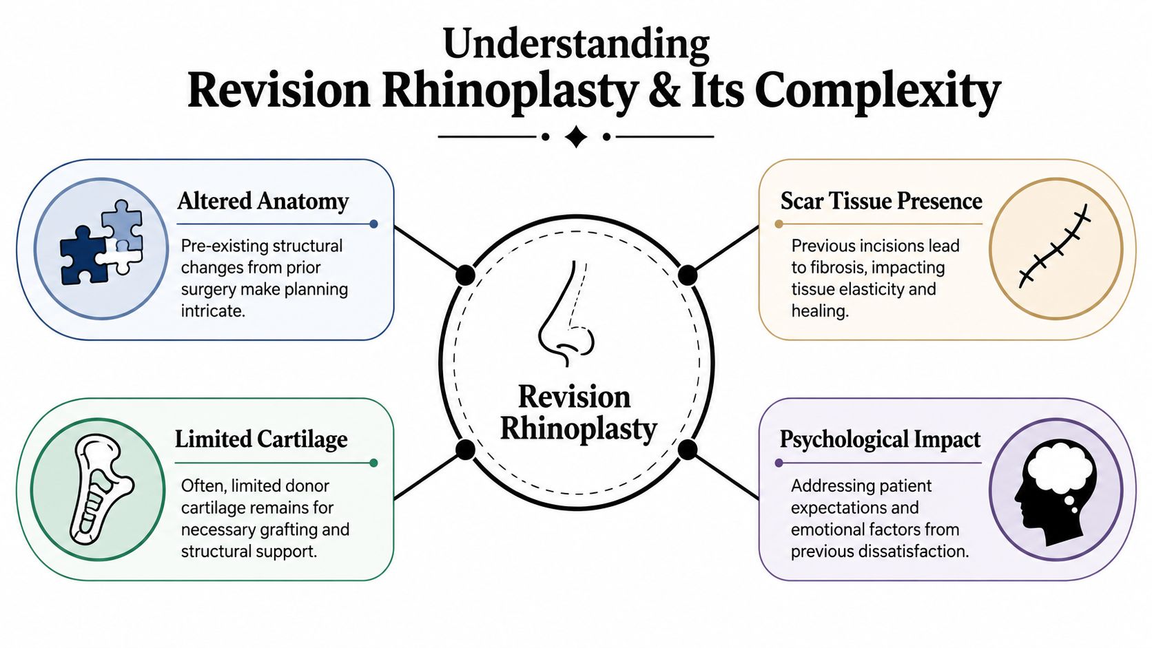 An infographic detailing four primary factors that contribute to the complexity of revision rhinoplasty procedures.