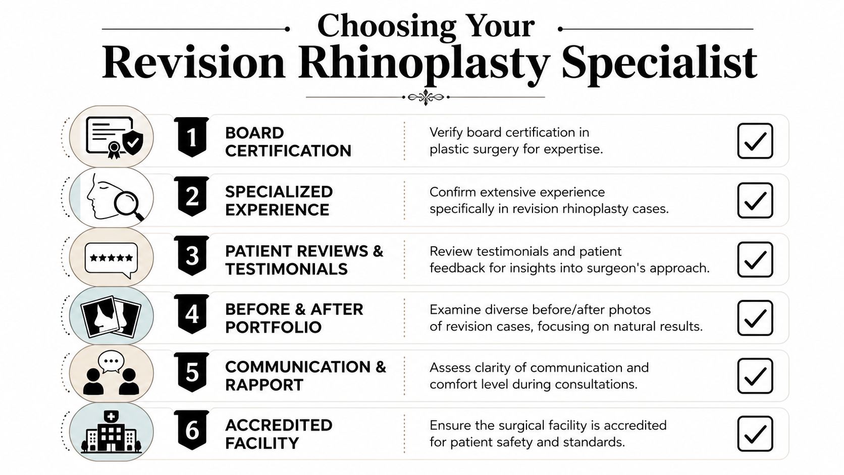 A checklist infographic titled Choosing Your Revision Rhinoplasty Specialist outlining six essential steps for selecting a surgeon.