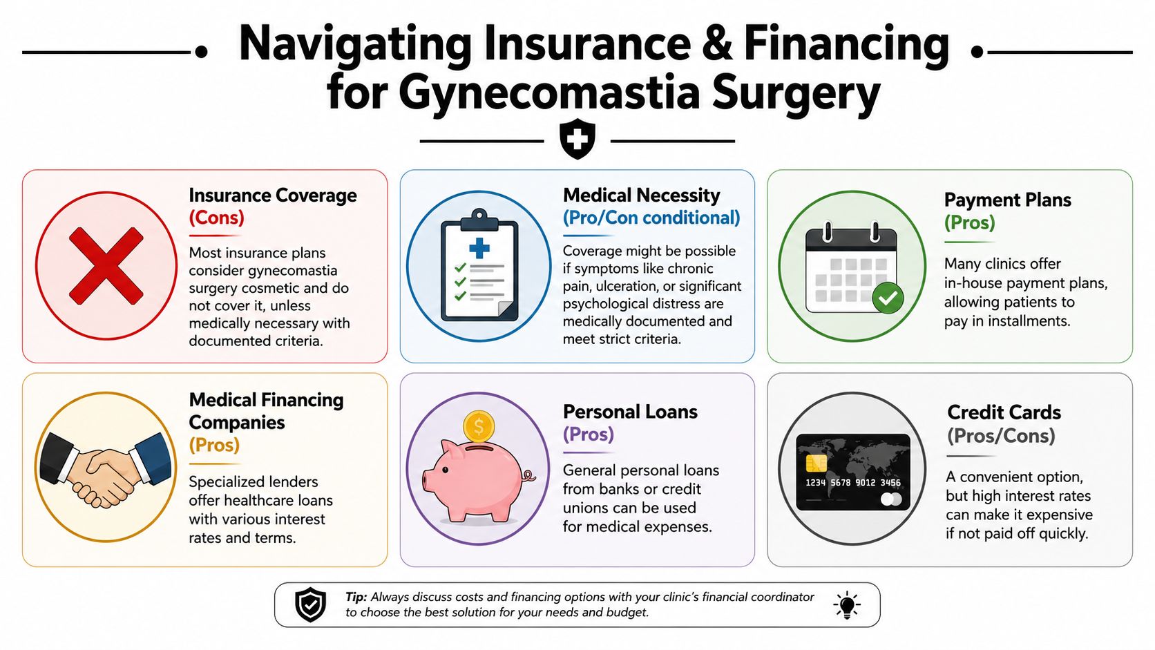 An infographic detailing various insurance coverage and financing methods available for those considering gynecomastia surgery.