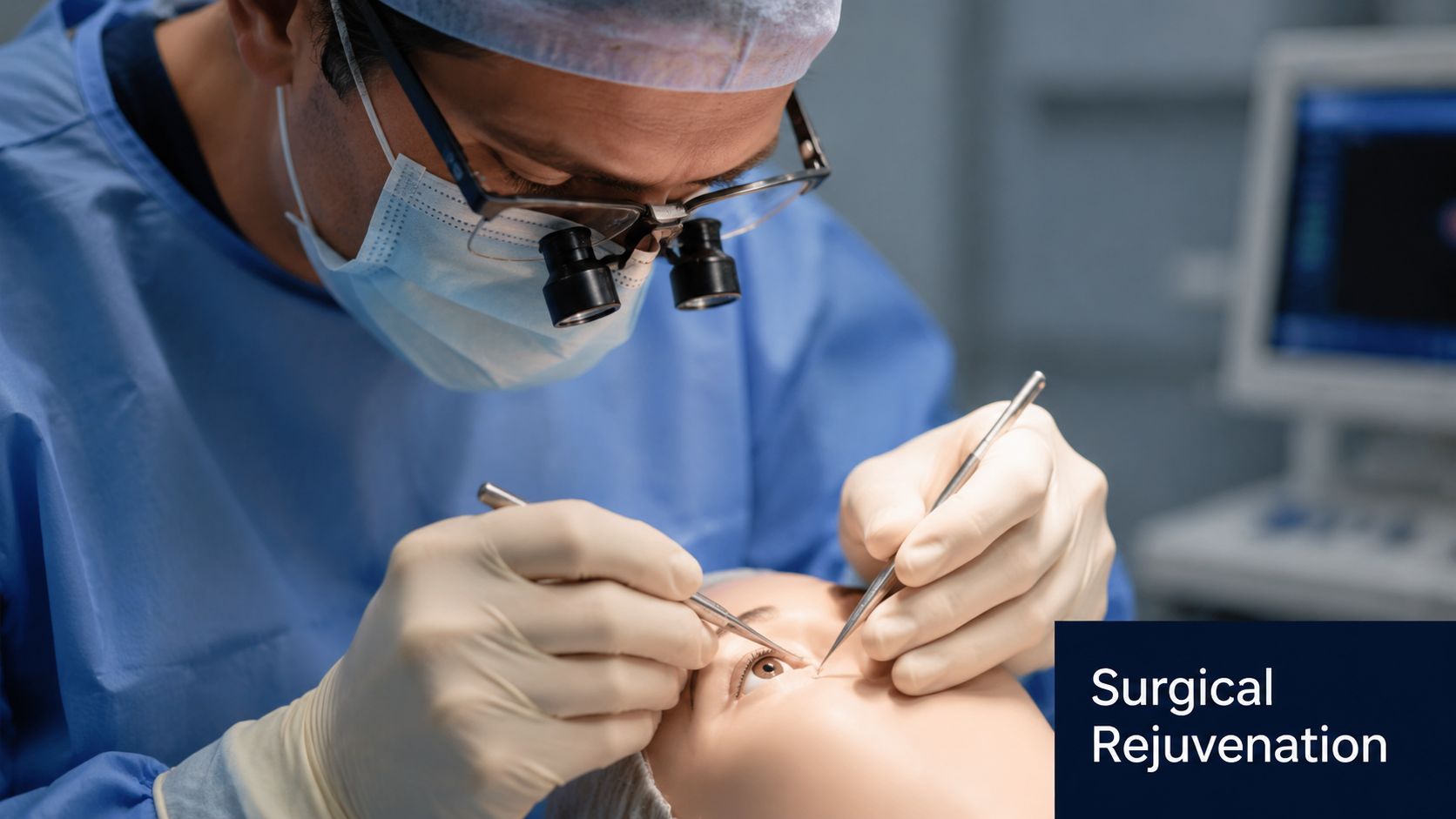 A skilled surgeon wearing magnifying loupes performing delicate eye surgery on a patient in a clinical setting.