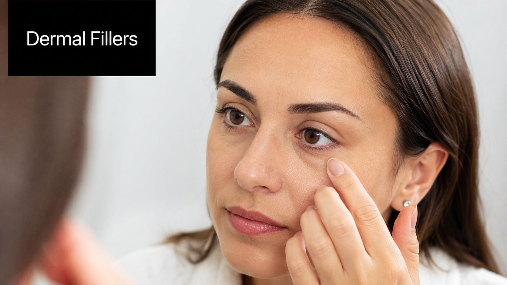A woman looks in the mirror while touching the skin under her eye, considering tear trough filler treatment.