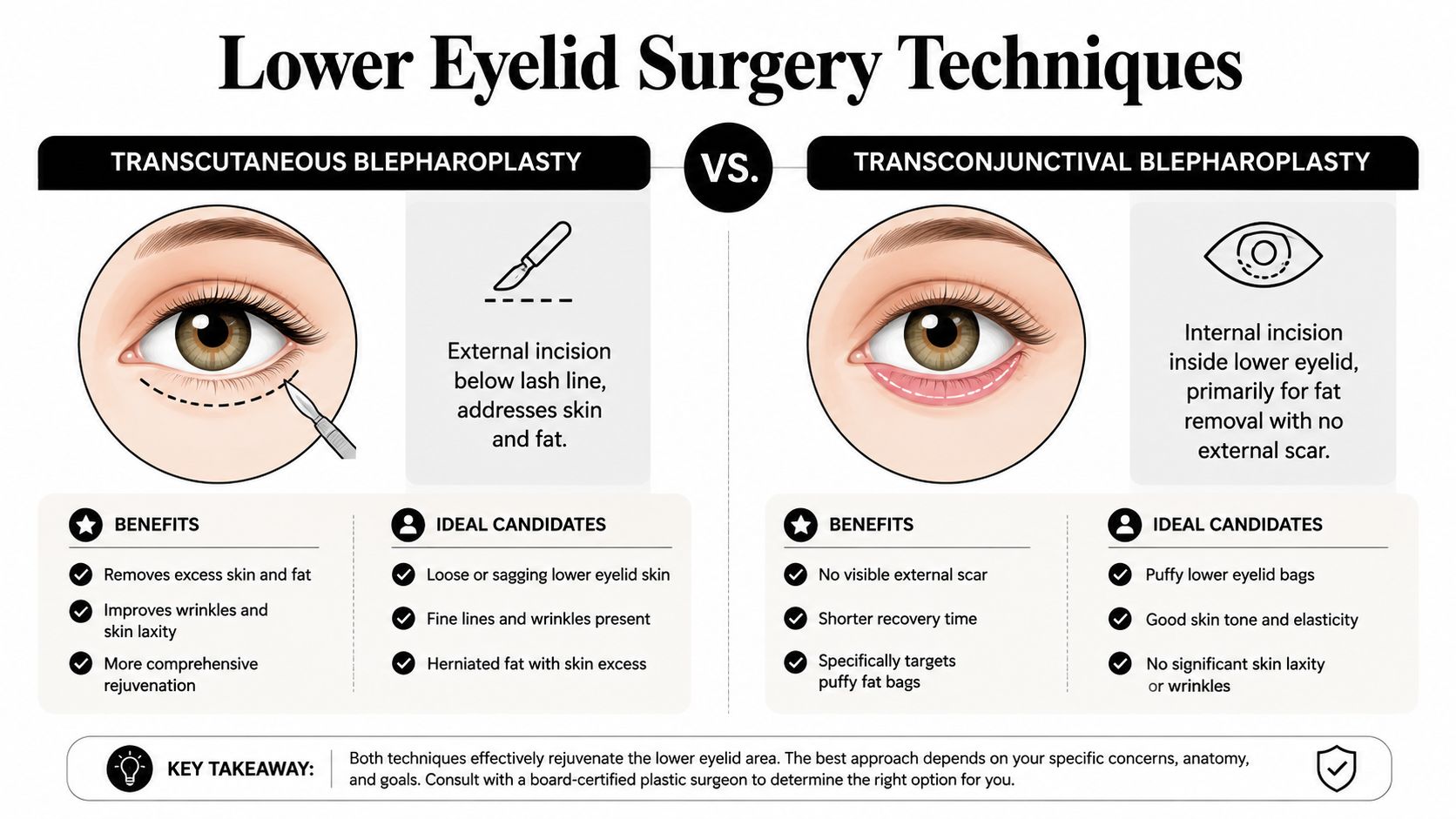 A comparison infographic showing the difference between transcutaneous and transconjunctival lower eyelid surgery techniques.