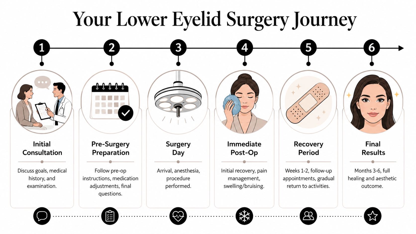 A step-by-step infographic illustrating the lower eyelid surgery journey from initial consultation to final recovery results.