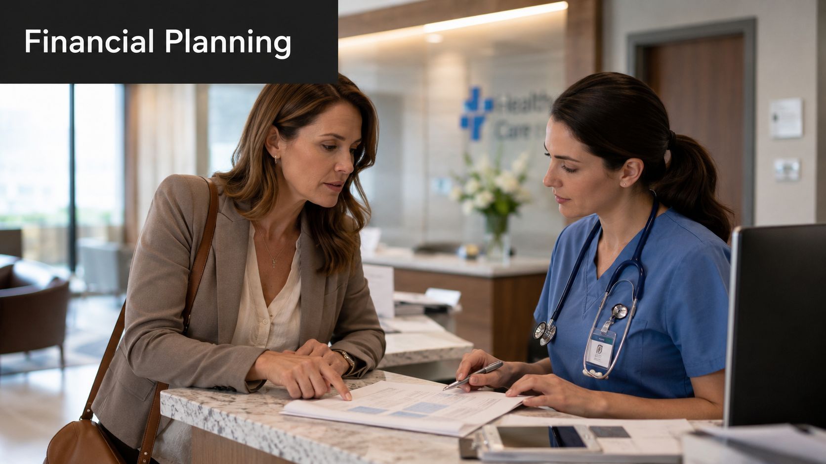 A woman discussing medical expenses and financial planning with a healthcare professional at a clinic reception.
