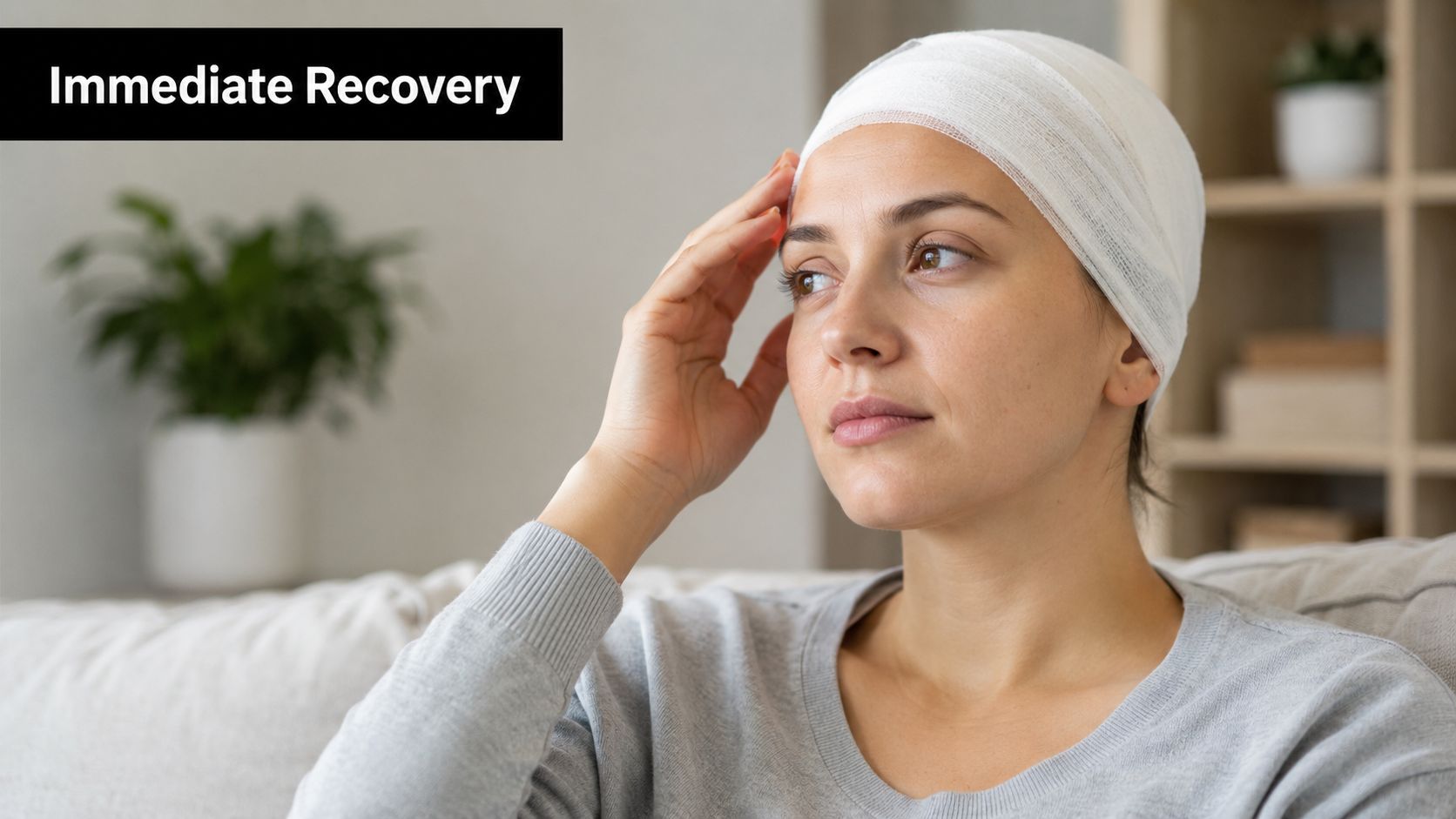 A woman with a bandage on her head after surgery resting at home while recovering.
