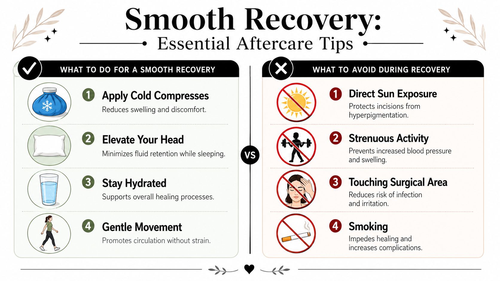 An infographic displaying essential dos and don'ts for a smooth post-surgery recovery process.