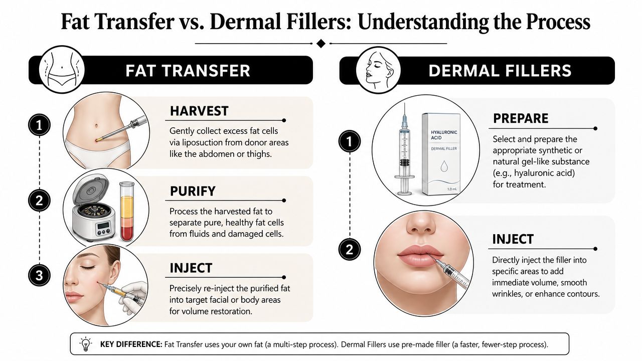 A comparison infographic showing the multi-step process of fat transfer versus the quick injection of dermal fillers.