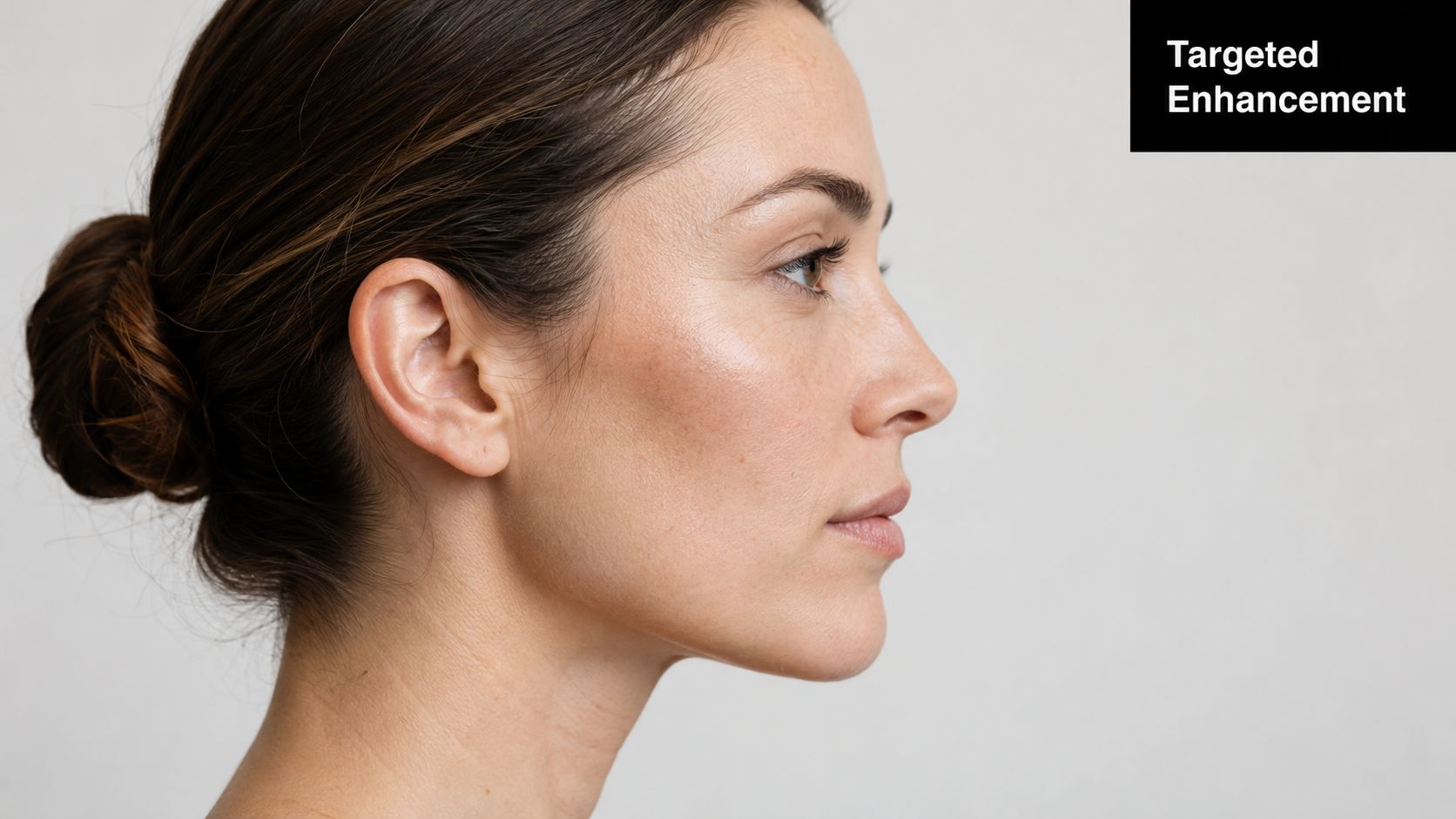 A profile view of a woman with natural skin texture and a soft bun hairstyle.