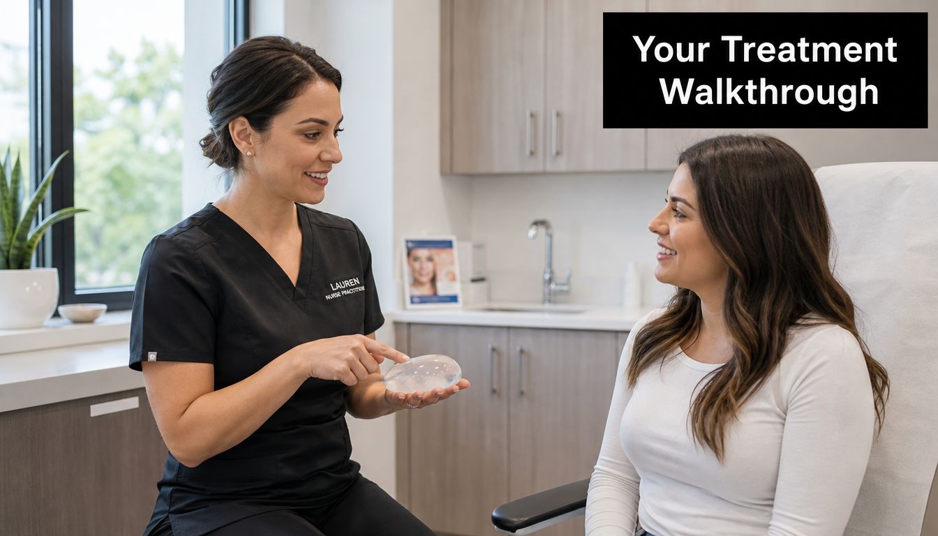 A nurse practitioner explaining a breast implant procedure to a patient during a medical consultation.