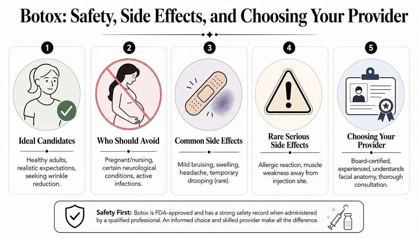 An infographic outlining Botox safety, candidate suitability, potential side effects, and guidelines for choosing a qualified provider.