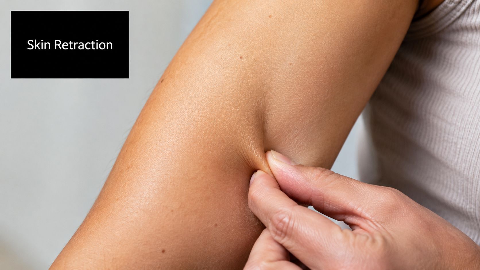 A close-up view of a person using their fingers to pinch and pull skin on their arm.