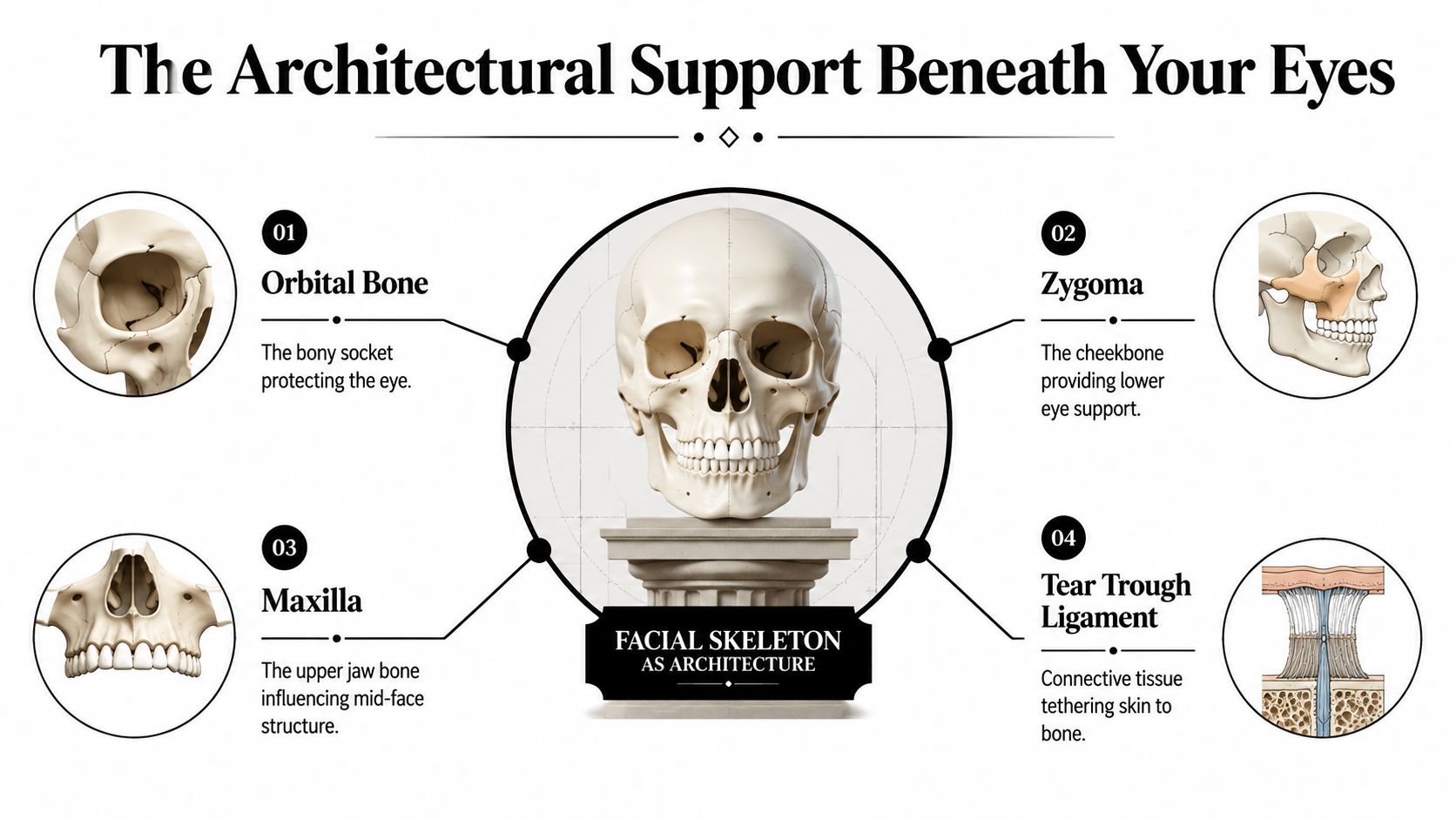 A diagram illustrating the facial anatomy and bony structures that provide support beneath the human eye.