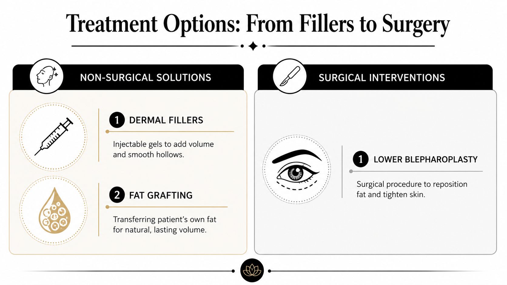An infographic showing non-surgical dermal fillers and fat grafting versus surgical lower blepharoplasty treatment options.