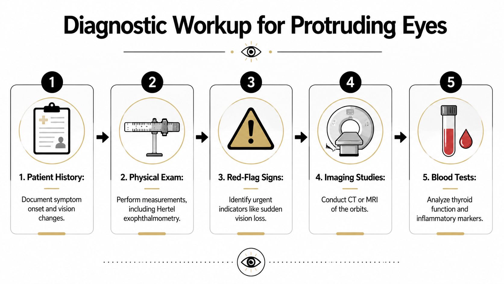 A flowchart showing five steps for a diagnostic workup of patients with protruding eyes.