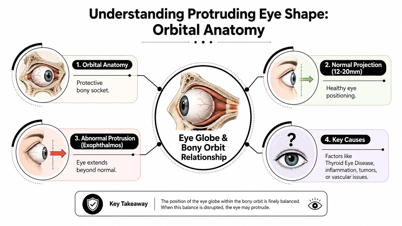 An infographic illustrating orbital anatomy, normal eye projection, abnormal eye protrusion, and common causes of eye displacement.