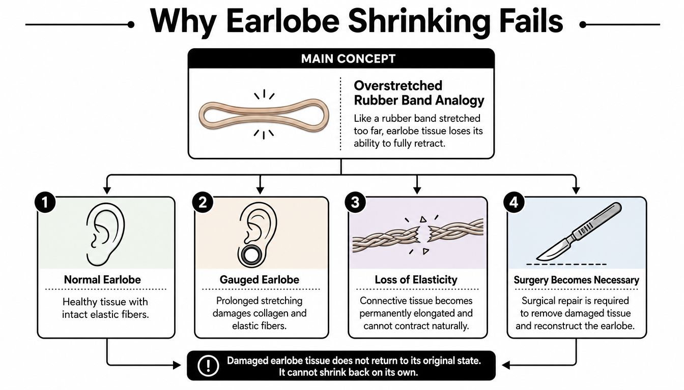An infographic explaining why gauged earlobes cannot shrink back on their own, requiring surgical repair for correction.