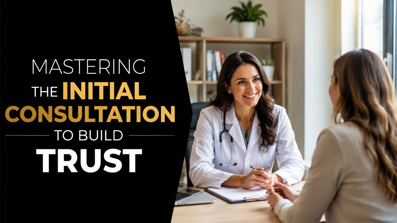 A female doctor smiling warmly while consulting with a patient to build trust during an appointment.