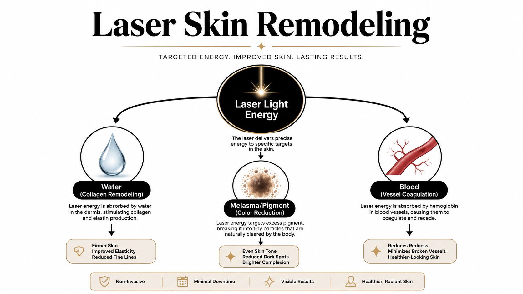 A diagram explaining laser skin remodeling via water, pigment, and blood vessel absorption for skin improvement.