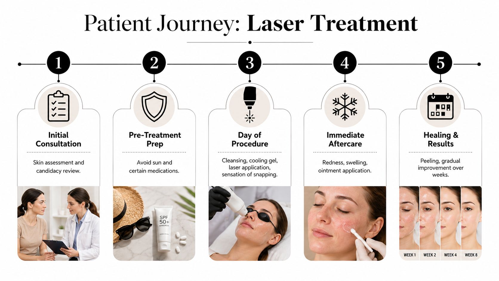 A five-step infographic detailing the patient journey and recovery process for professional laser skin rejuvenation treatments.