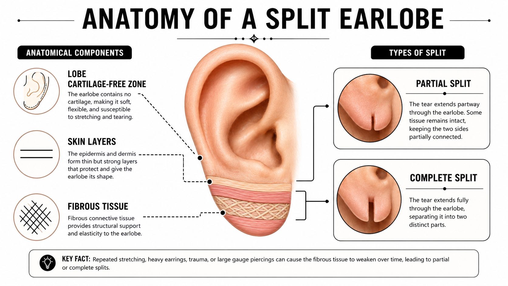 An infographic showing the anatomy of a split earlobe, its components, and the types of tears.