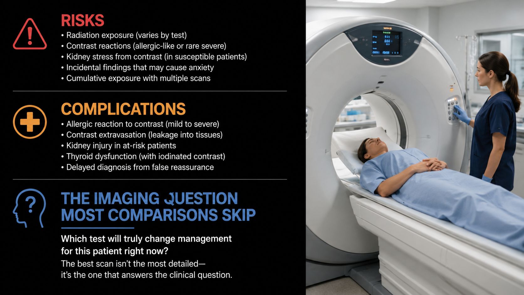 An educational infographic showing medical scan risks and complications next to a patient in a CT scanner.