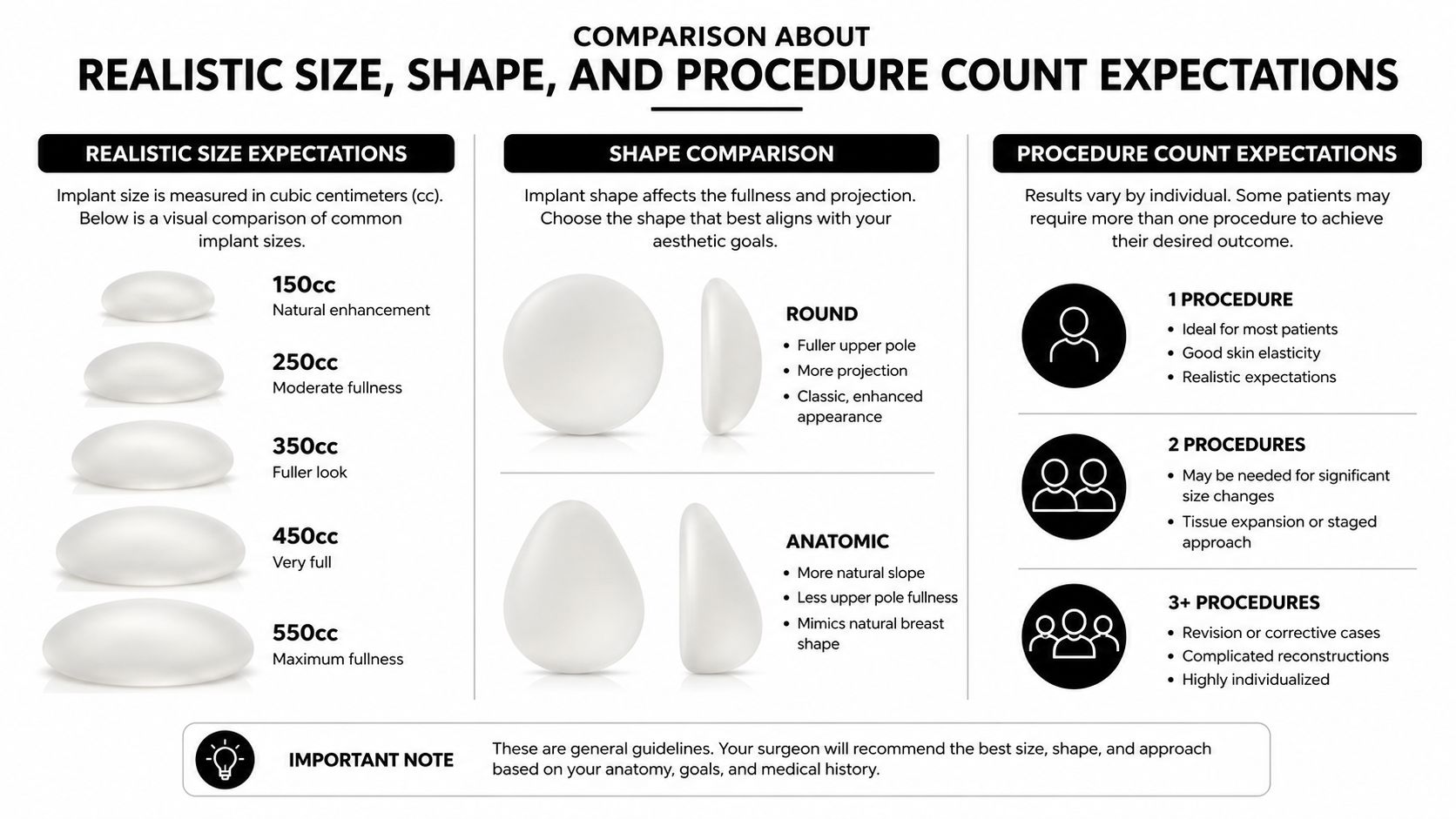 A visual guide comparing breast implant sizes, shapes, and the expected number of procedures required.