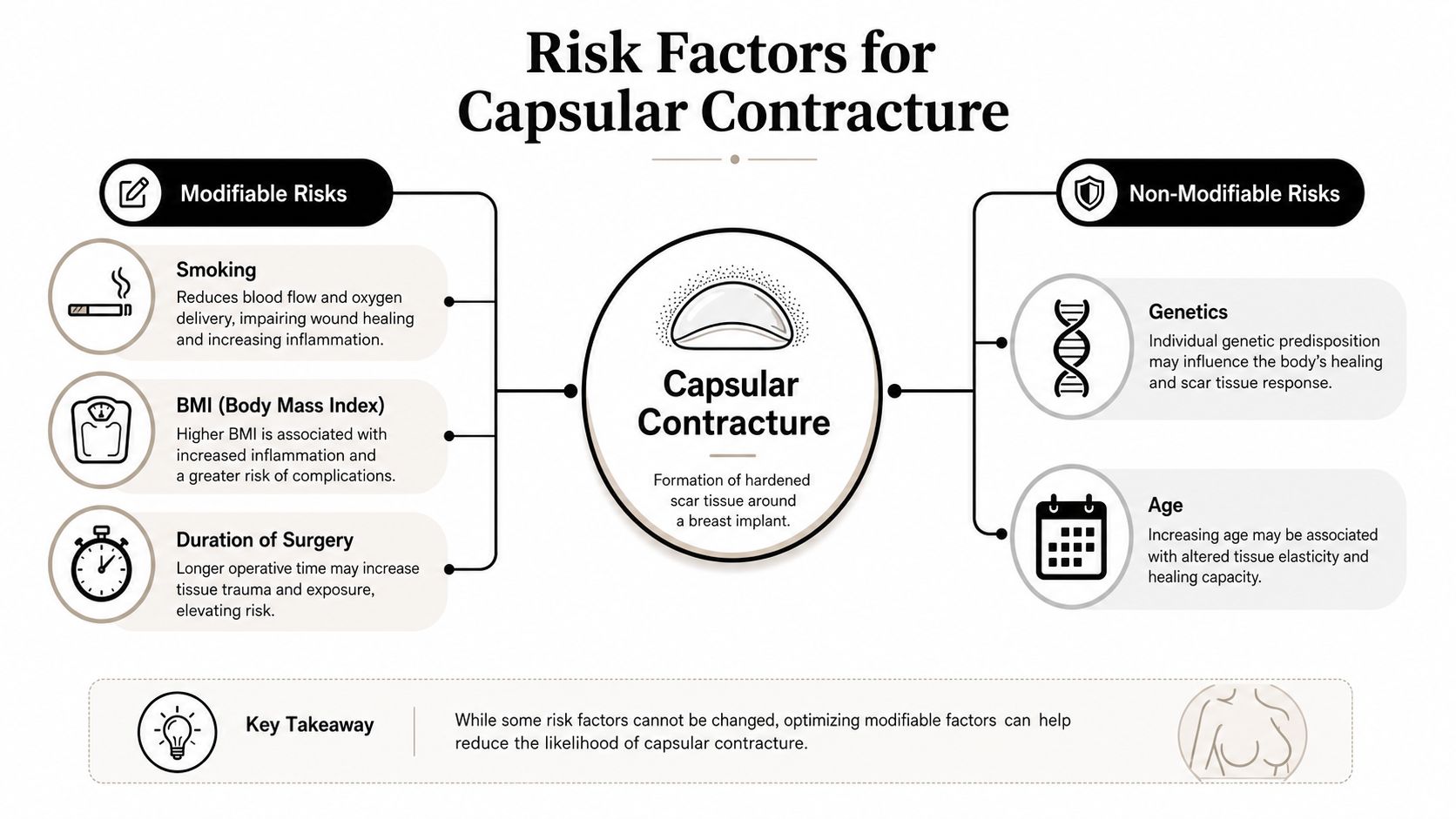 An infographic detailing modifiable and non-modifiable risk factors associated with breast implant capsular contracture.