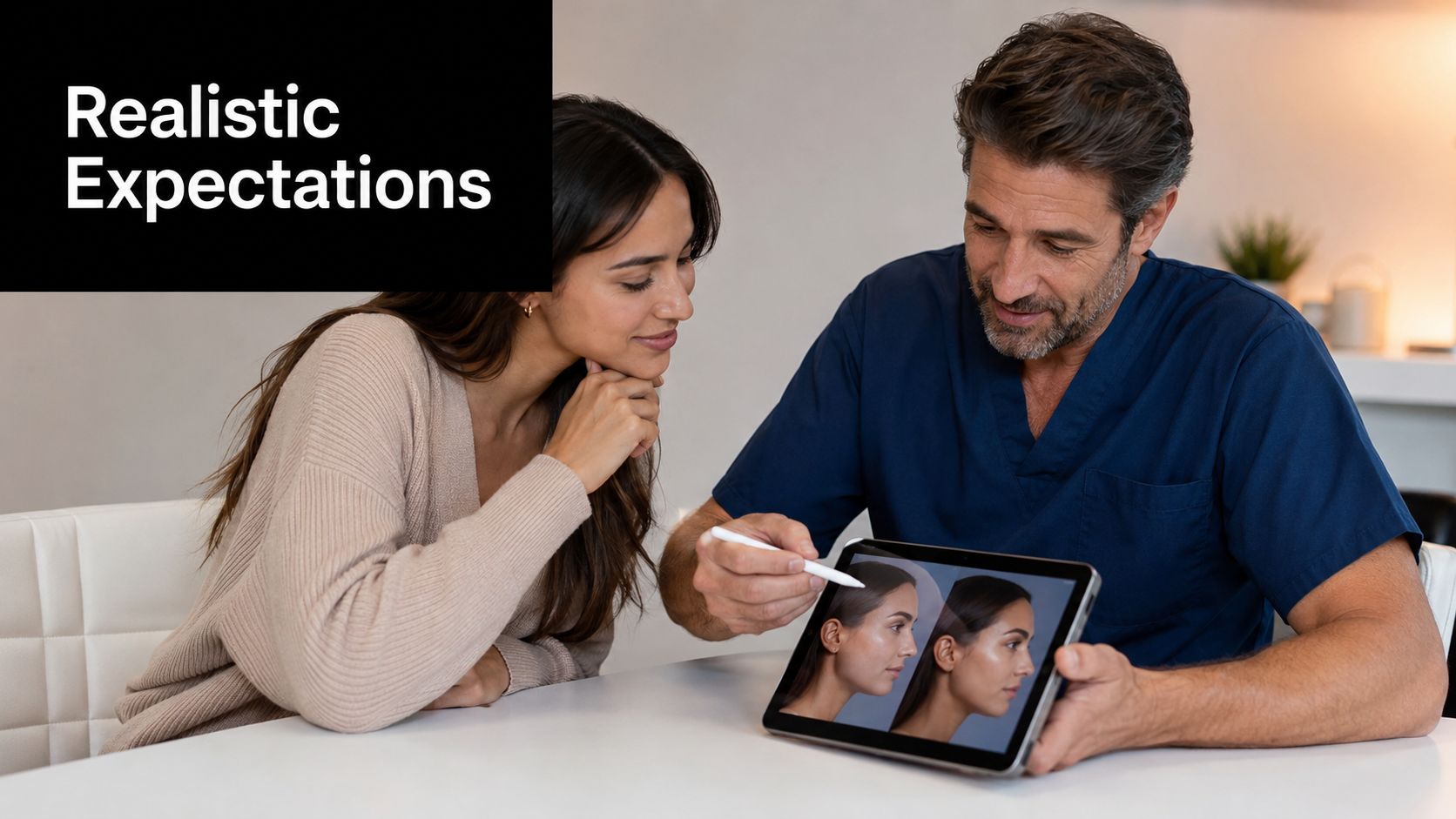 A cosmetic surgeon showing a female patient digital before and after treatment photos on a tablet.