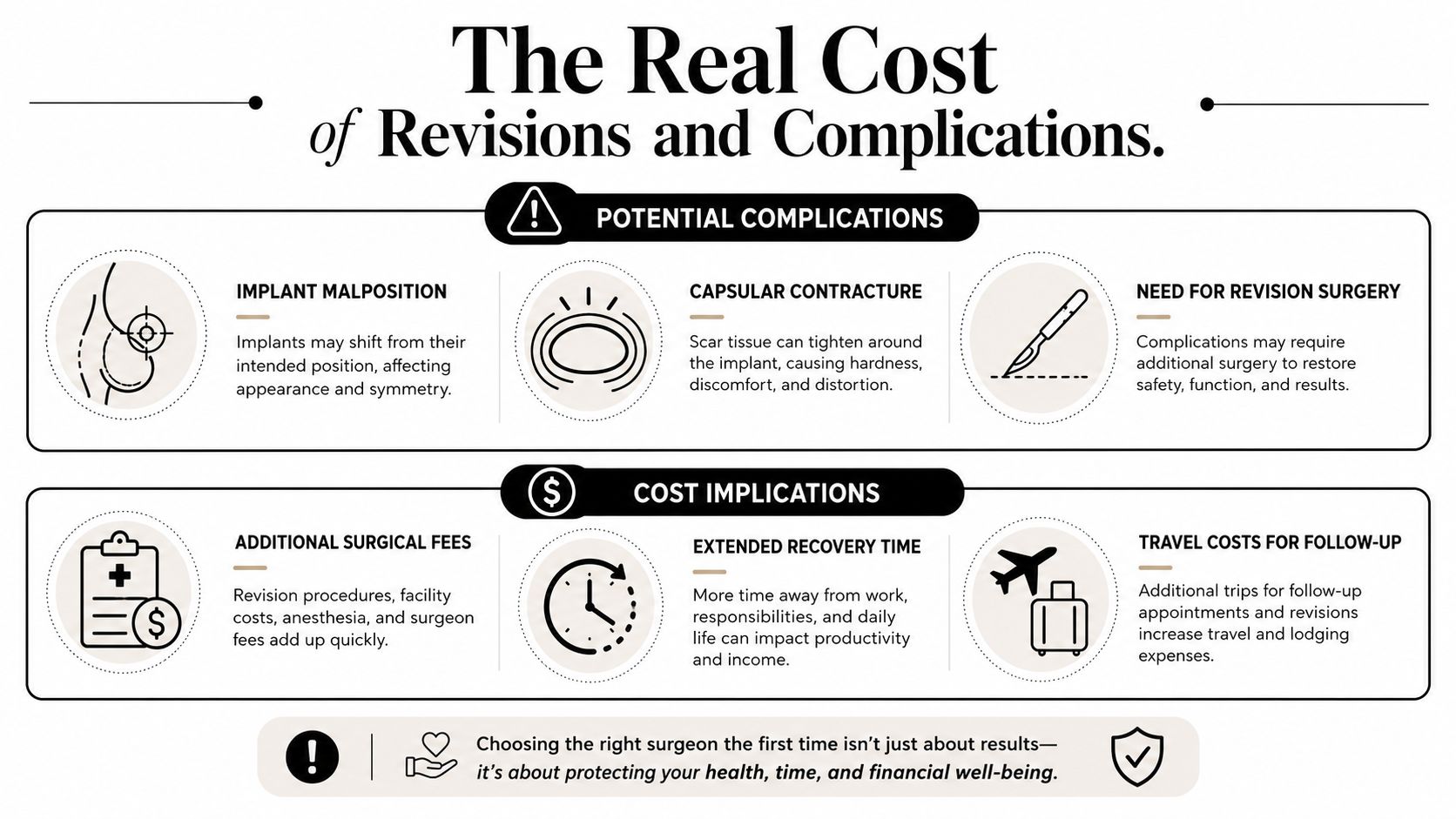 An infographic detailing potential medical complications and financial costs associated with revision breast augmentation surgery.