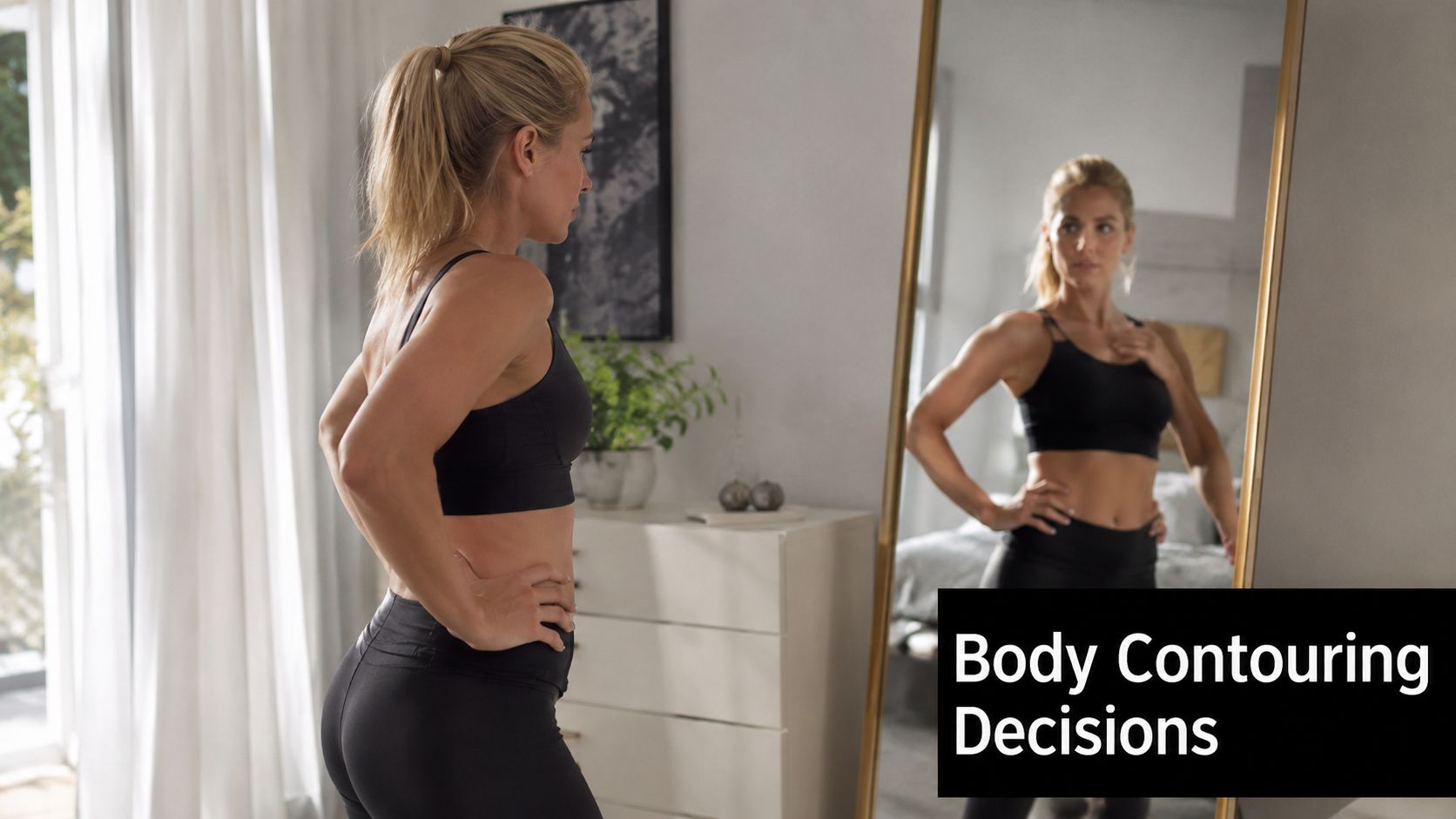 A fit woman standing in front of a tall mirror, examining her body and reflecting on contouring decisions.