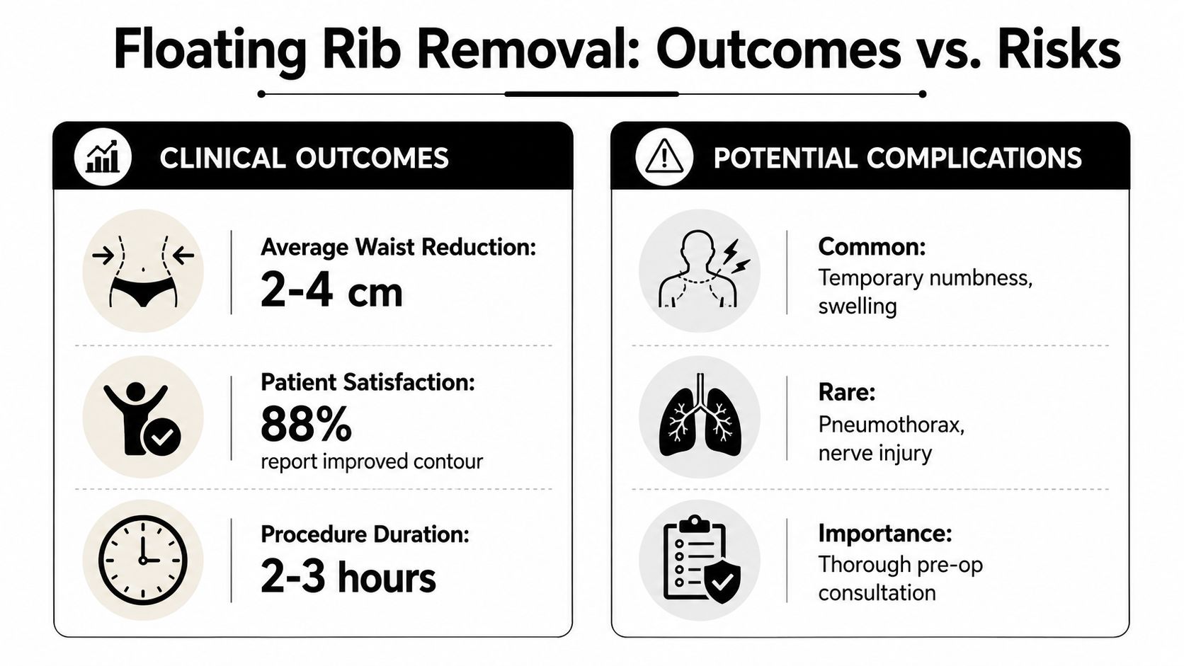 An infographic comparing the clinical outcomes and potential complications of floating rib removal surgery.