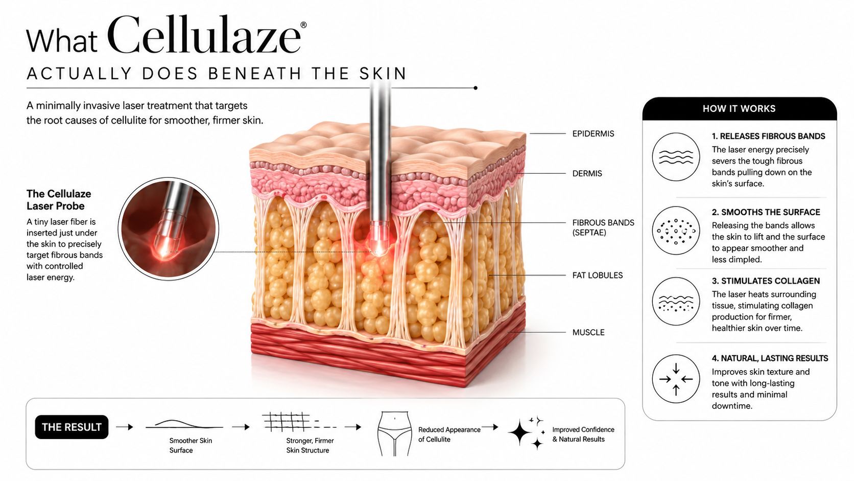 A diagram illustrating the Cellulaze laser treatment process, showing how it targets fibrous bands to reduce cellulite.