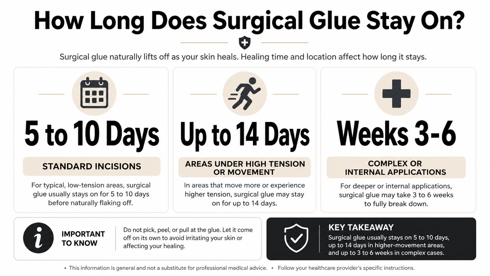 An infographic showing how long surgical glue lasts on different types of skin incisions and body applications.