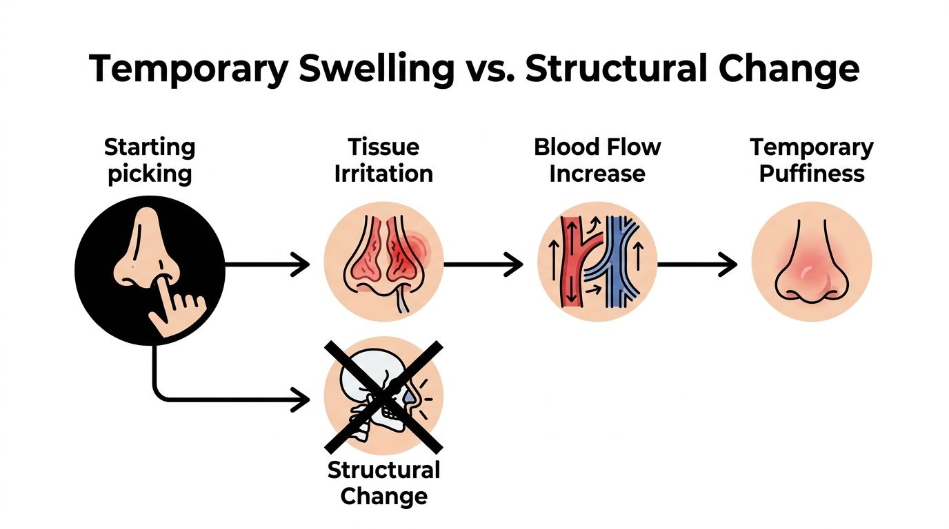 A diagram illustrating that nose picking causes temporary tissue irritation and puffiness, not permanent structural changes.