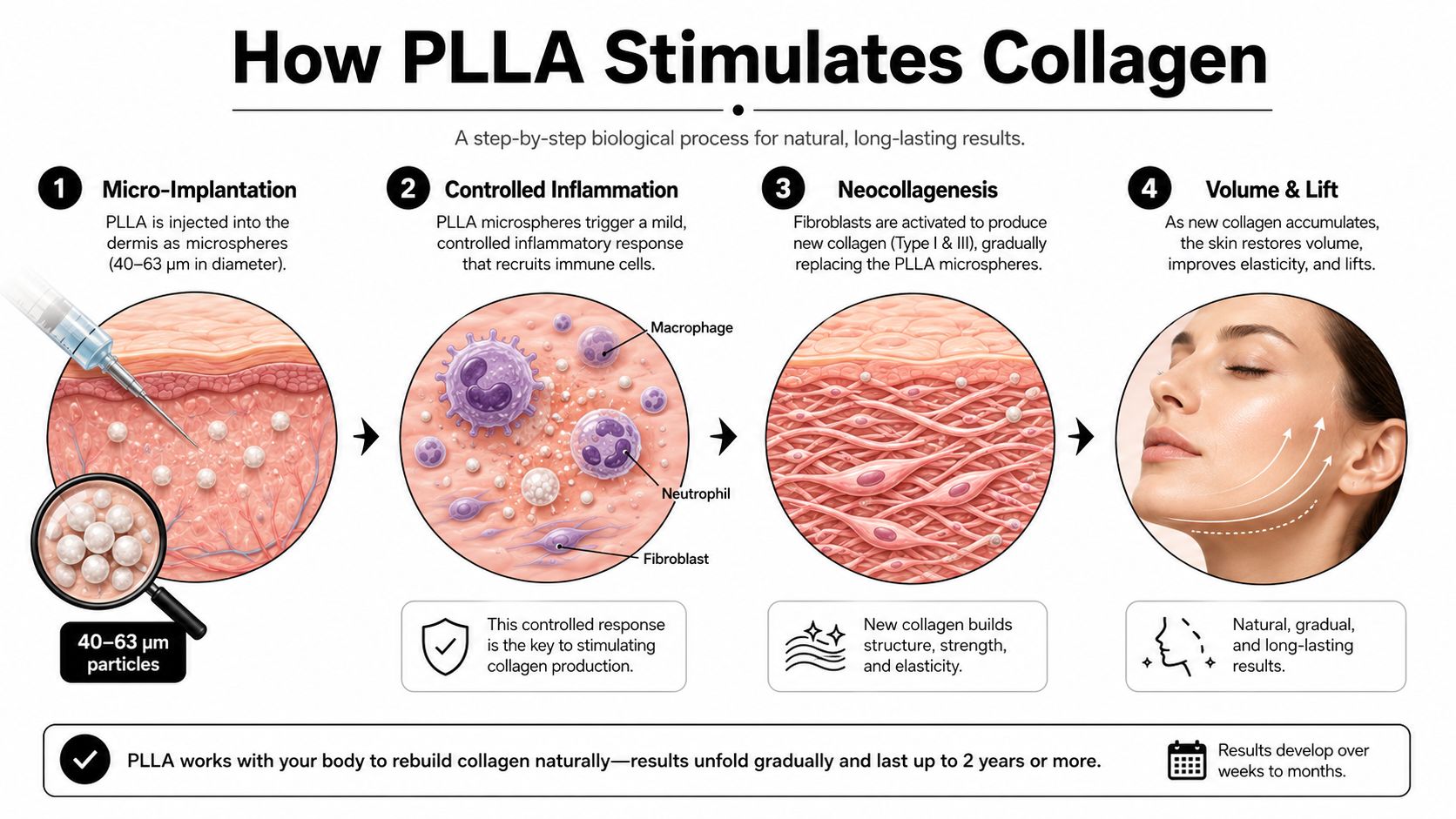 A four-step infographic explaining how PLLA filler stimulates natural collagen production for facial rejuvenation.