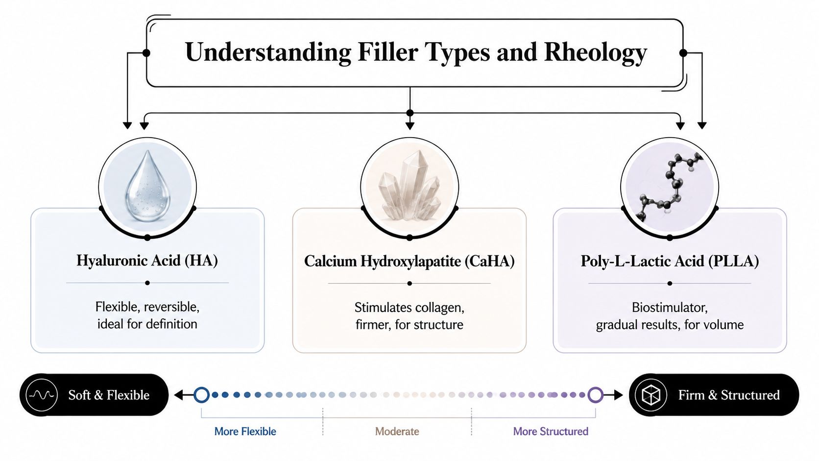 An educational infographic comparing facial filler types: Hyaluronic Acid, Calcium Hydroxylapatite, and Poly-L-Lactic Acid based on rheology.