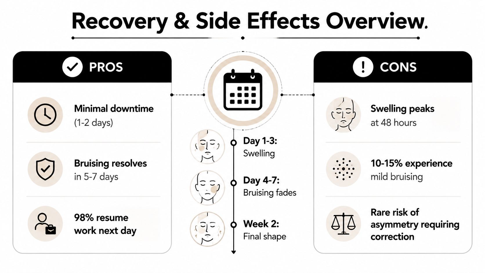 An infographic showing the recovery process, pros, and cons associated with jawline contouring using dermal fillers.