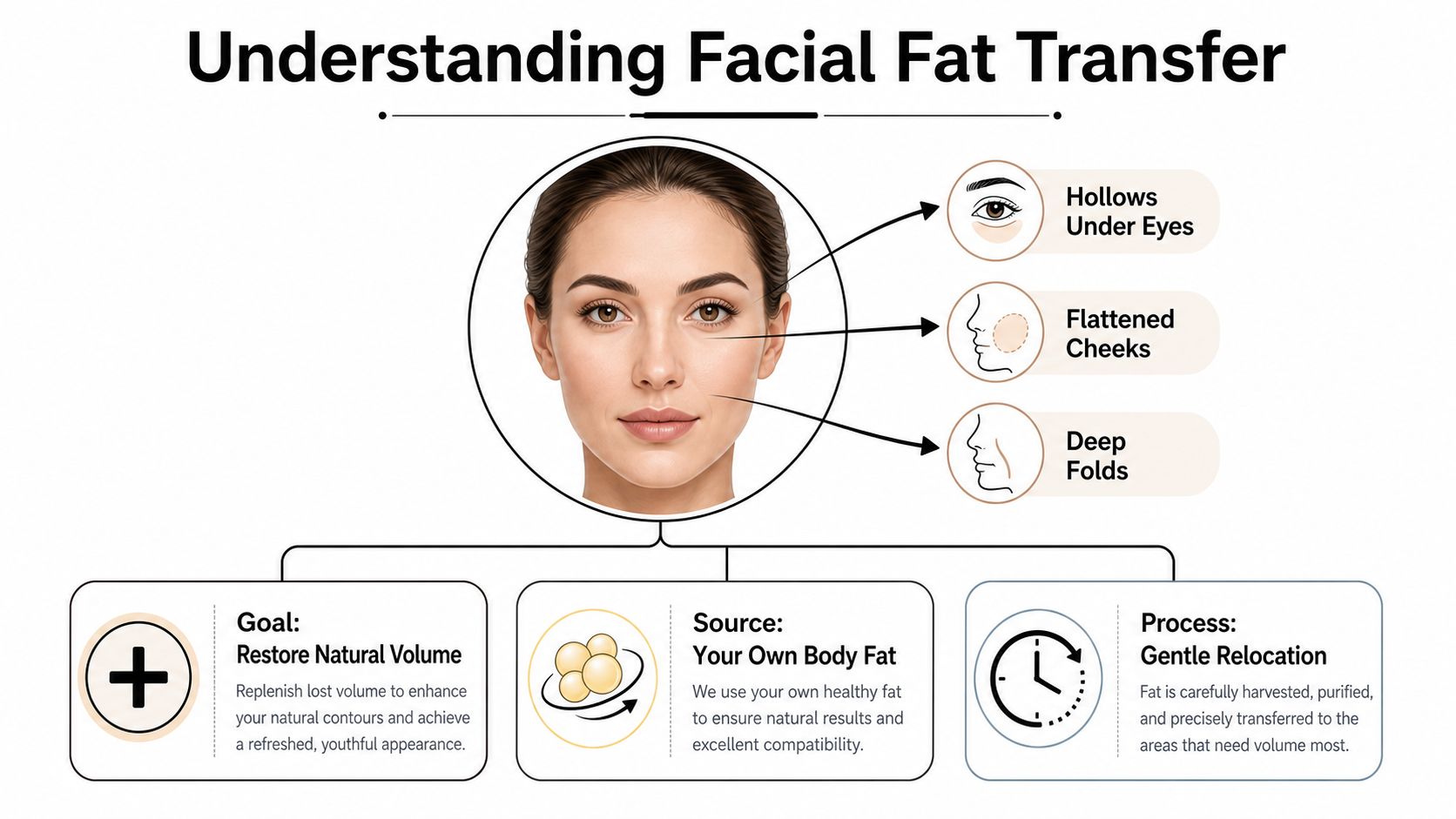 An infographic showing facial fat transfer procedures to restore natural volume in eyes, cheeks, and folds.