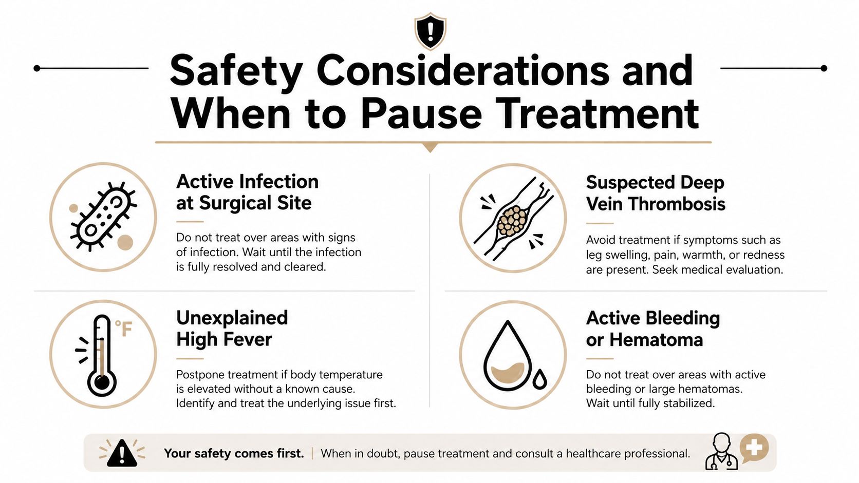A safety infographic detailing when to pause lymphatic drainage treatment after surgery due to medical concerns.
