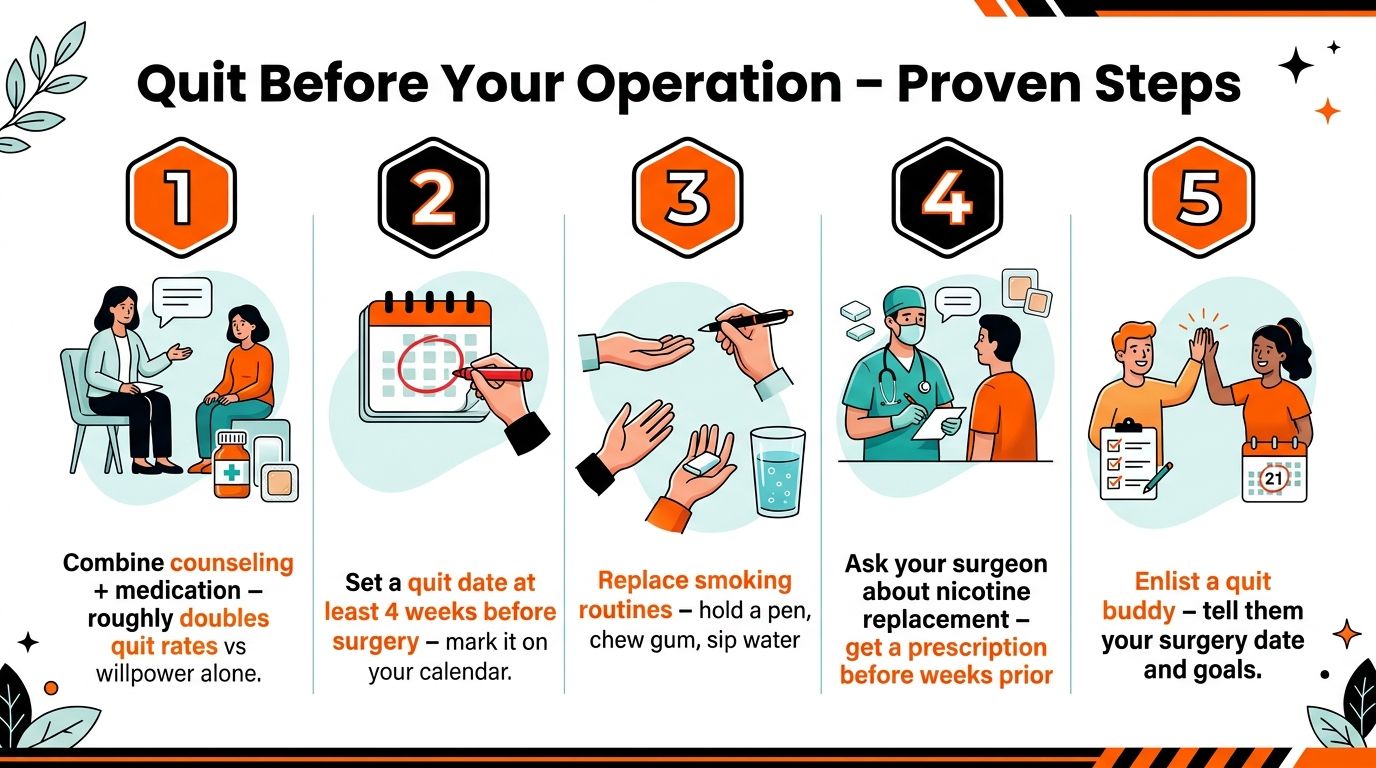 A five-step infographic providing proven advice for quitting smoking before undergoing a medical operation.