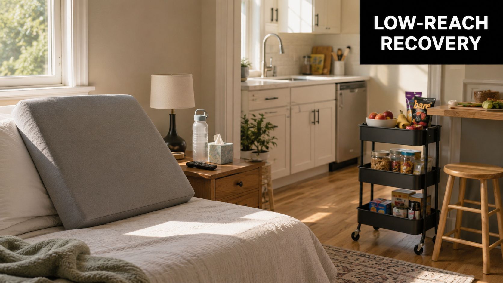 A bedside recovery station with a wedge pillow, water, snacks, and a rolling cart for convenience.