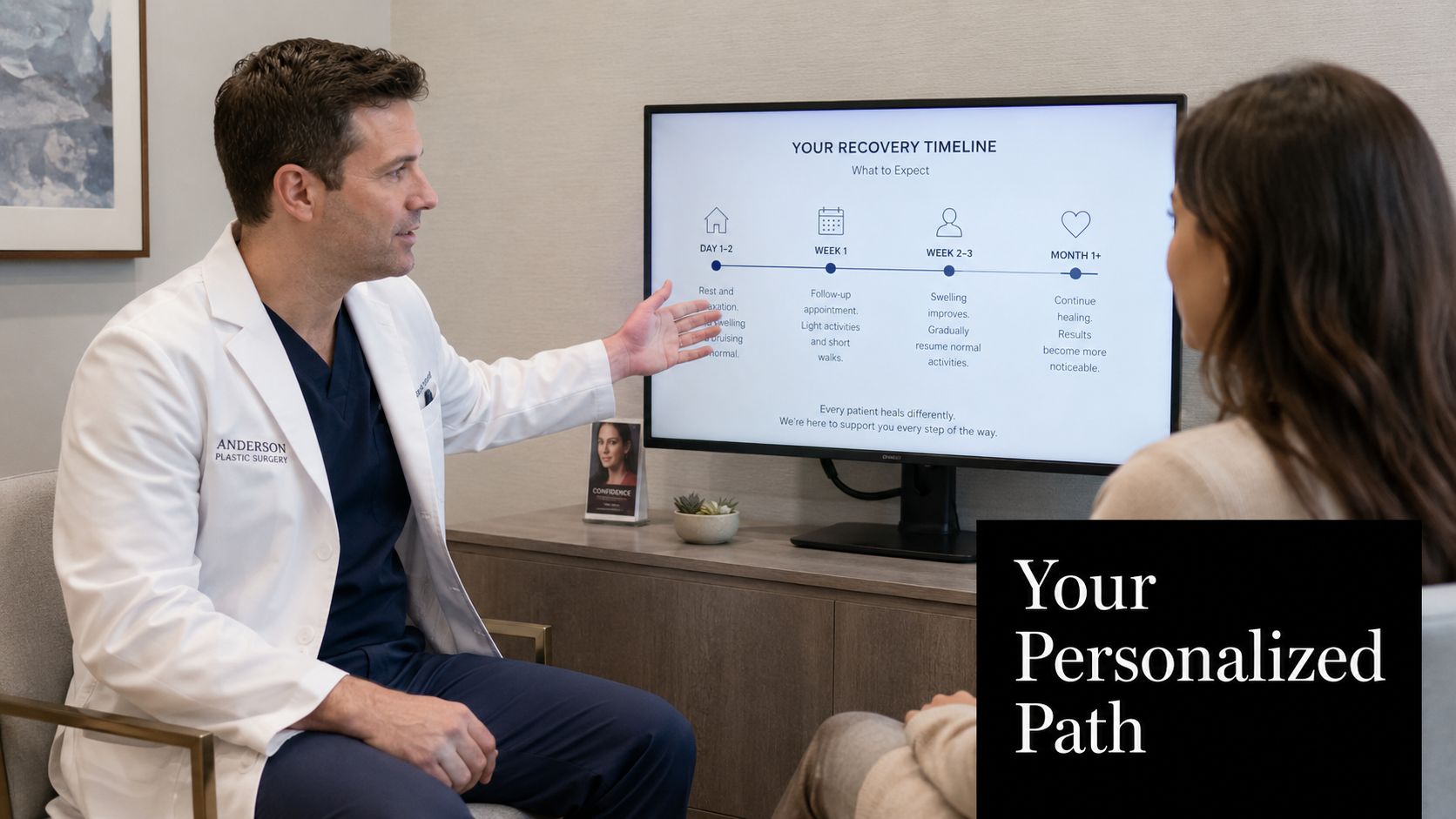 A plastic surgeon discusses a patient's post-surgery recovery timeline on a screen during a medical consultation.