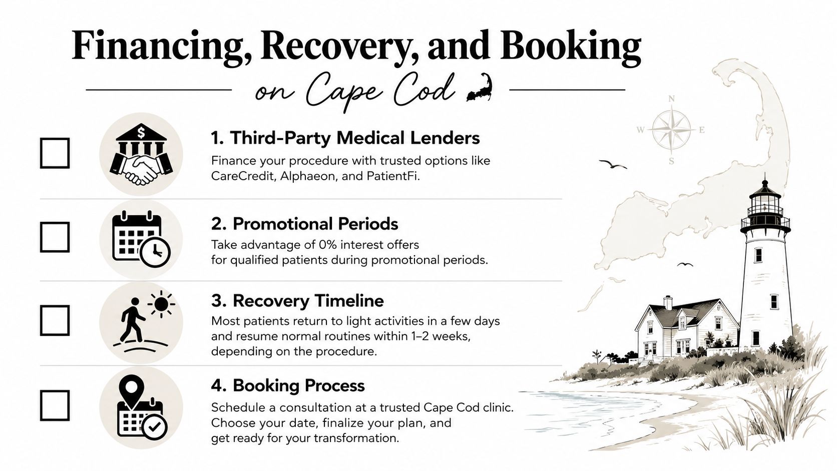 A helpful graphic outlining steps for financing, recovery, and booking for cosmetic procedures on Cape Cod.