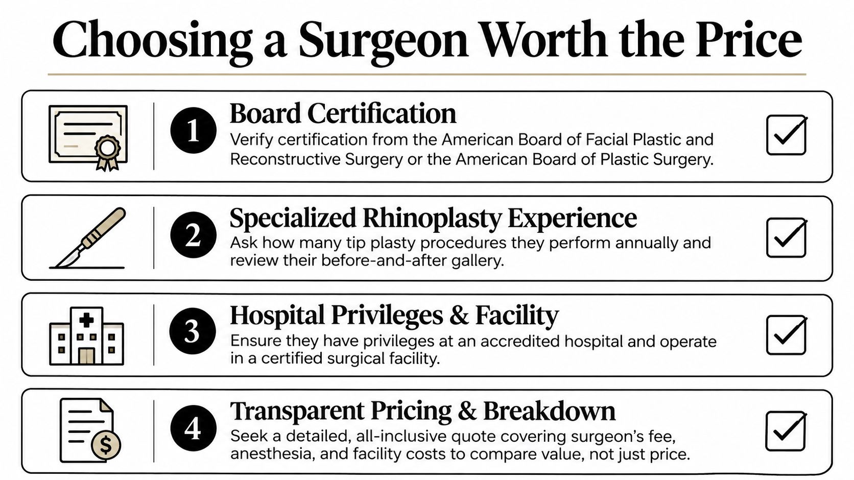 A list of four key factors for choosing a qualified surgeon for your rhinoplasty or tip plasty.