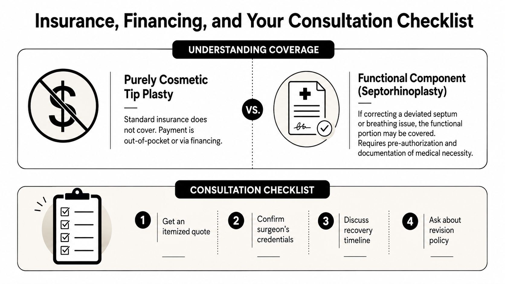 An infographic detailing rhinoplasty insurance coverage, payment options, and a four-step patient consultation checklist.